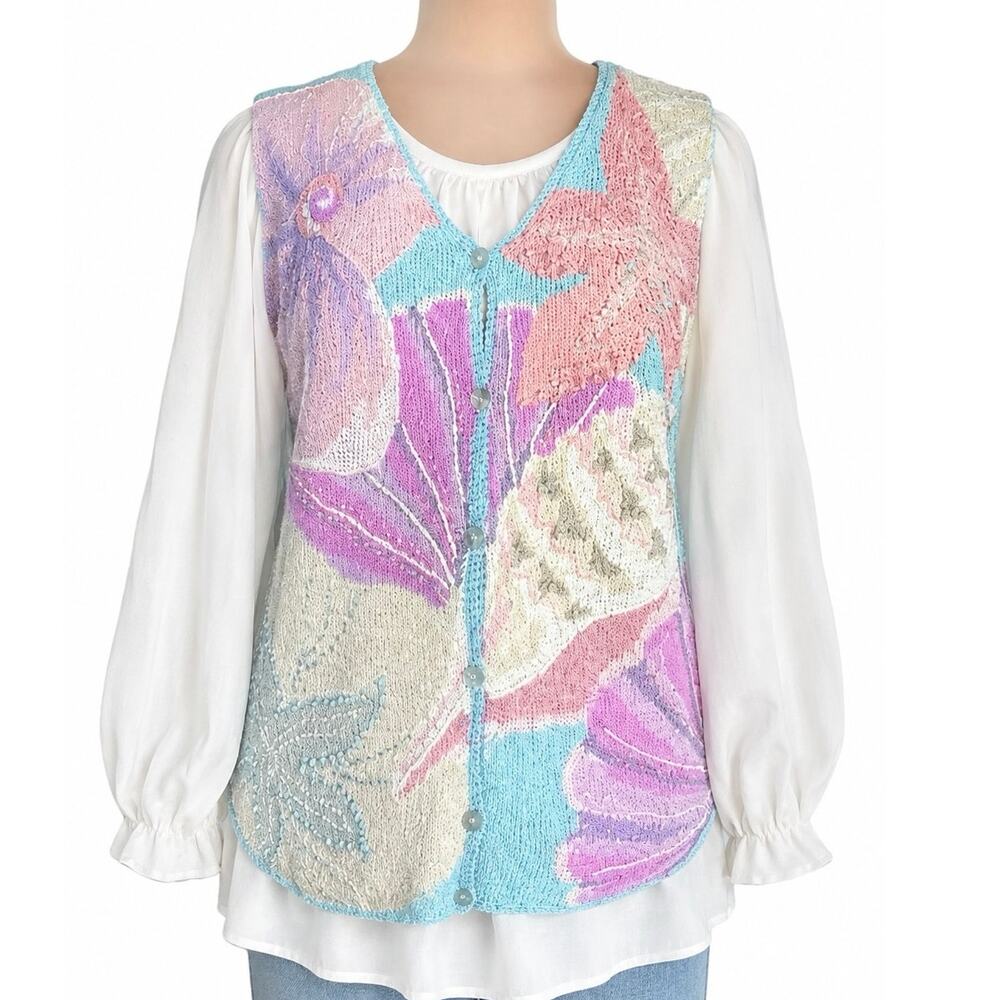 Pastel Seashell Knit Vest Silk Linen Coastal Cottagecore Fairy Mermaid Ocean